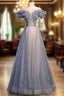 Beautiful Off Shoulder Puffy Sleeves Beaded Party Dress Prom Dress, Blue Evening Gown