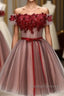 Beautiful Off Shoulder Tulle Knee Length Party Dress , Red Homecoming Dress With Applique