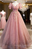 Beautiful Pink Tulle Floor Length Prom Dress, Cute Short Sleeve Evening Dress