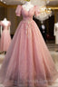 Beautiful Pink Tulle Floor Length Prom Dresses Cute Short Sleeve Prom Dresses