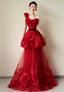 Beautiful Red One-Shoulder Strapless 3D Floral Layered Tiered Tulle Long Formal Prom Dress