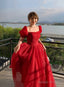 Beautiful Red Short Sleeves Tulle Prom Dresseses Red Prom Gowns Prom Dress