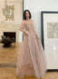 Beautiful Tulle Beaded Long Sleeves Prom Dresses, A-Line Champagne Evening Gown