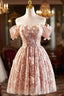 Beautiful Tulle Flower Knee Length Prom Dress, Off the Shoulder Short Sleeve Prom Prom Dress