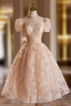 Beautiful Tulle Flower Tea Length Prom Dress, Off the Shoulder Short Sleeve Evening Party Dress
