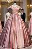 Best For You Pink Ball Gown Satin Off the Shoulder Appliques Beading Quinceanera Dress