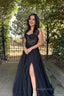 Black A Line Corset Long Prom Dress with Slit
