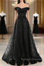 Black A-Line Lace Off Shoulder Tulle With Lace Prom Dress, Black Long Evening Dress