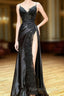 Black A Line Paghetti Straps Split Lace Applique Prom Dresses Black Prom Dresses