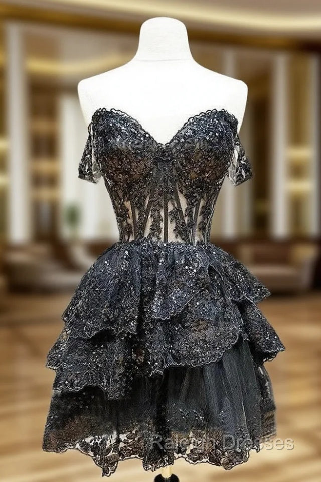 Black A Line Sequin Tulle Short Prom Dresses Black Homecoming Dresses
