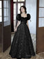 Black A-Line Short Sleeves Lace Floor Length Party Dress, Black Sweetheart Prom Dress