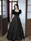 Black A-Line Short Sleeves Lace Floor Length Prom Dresses Black Sweetheart Prom Dresses
