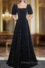 Black A Line Short Sleeves Velvet Simple Prom Dress, Black Prom Dress