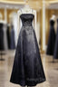 Black A-Line Straps Beaded Floor Length Party Dress, Black Satin Long Prom Dress