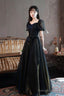 Black A-Line Tulle Long Prom Dresses Black Short Sleeve Prom Dresses