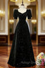 Black A Line Velvet Long Prom Dress, Black Short Sleeves Prom Dress