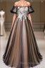 Black And Champagne Short Sleeves Tulle With Lace Prom Dresses A-Line Floor Length Prom Dresses