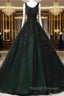 Black and Green Tulle with Lace Long Prom Dress, A Line Low Back Prom Dress