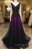 Black and Purple V Neckline A Line Prom Dress, Tulle with Lace Prom Dress