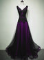 Black And Purple V-Neckline A-Line Prom Dresses Tulle With Lace Prom Dresses