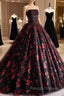 Black and Red Floral Tulle Long Party Dress, Strapless Formal Sweet 16 Dress