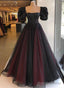 Black And Red Short Sleeves Beaded Long Prom Dresses Black And Red Prom Dresses