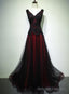 Black and Red Tulle V Neckline Beaded Lace Long Prom Dress,A Line Formal Prom Dresses