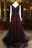 Black and Tulle V Neckline Beaded Lace Long Prom Dress, A Line Prom Dress