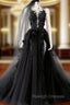 Black Appliues Backless Prom Dresses With Spilt
