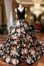 Black Ball Gown Satin Lace Print V Neck Prom Dresses With Beading