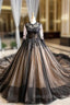Black Ball Gown Tulle Lace Appliques Long Sleeve Luxury Prom Dresses