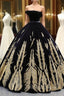 Black Ball Gown Velvet Gold Appliques Backless Long Haute Couture Prom Dresses