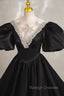Black Ball Gowns with Beaded, Black Short Sleeve Formal Prom Dress