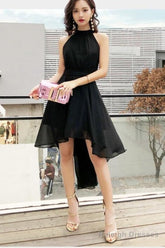 Black Chiffon Halter High Low Party Dress Homecoming Dress, Black Bridesmaid Dresses