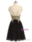 Black Chiffon Homecoming Dress,Gold Beading Lace Halter Graduation Dress