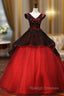 Black Dark Red Tulle V-neck Appliques Quinceanera Dress