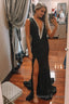 Black Deep V Neck Mermaid Prom Dress with Slit