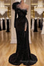 Black Prom Dress High Neck Side Split Long Sleeve Mermaid Prom Dresses Feather Beaded Special Occasion Gowns