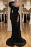 Black Evening Dresses High Neck Side Split Long Sleeve Mermaid Prom Dress Feather Beaded Sexy Special Occasion Gowns