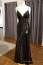 Black Floral Lace V Neck Long Prom Dress with Slit,Event Dresses Elegant