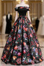Black Floral Satin Off Shoulder Strapless Long Formal Prom Dress, Evening Dress