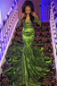 Black Girl Prom Dresses Cheap Long Sleeve Lace Green Prom Dress For Juniors | V-Neck Mermaid Prom Gown
