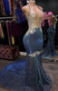 Black Girl Prom Dresses Cheap Sparkle Blue Prom Dress | Mermaid Silver Aplliques Long Prom Gown