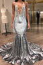 Black Girl Prom Dresses Open Back Silver Velvet Prom Dress Cheap | Mermaid V-Neck Crystals Appliques Prom Gowns Mq0131