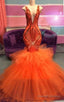 Black Girl Prom Dresses Orange Mermaid Lace Appliques Prom Dress Tulle Ruffles V-Neck Cheap Prom Gown