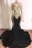 Black Girl Prom Dress Gold Crystals Appliques Black Prom Dress Cheap | Sleeveless Mermaid Prom Gown