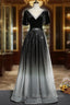 Black Gradient tulle and Velvet Short Sleeves V Neckline Tulle Prom Dress, Black Tulle Prom Dress