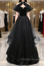 Black Haler Tulle And Velvet Long Prom Dress, Black A-Line Tulle Evening Dress