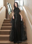 Black Halter Sequins And Tulle Long Party Dress, Black Chic Party Dress Prom Dress