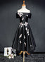 Black Knee Length Satin With Flowers Party Dress, Black Short Prom Dress Homecoming Dress